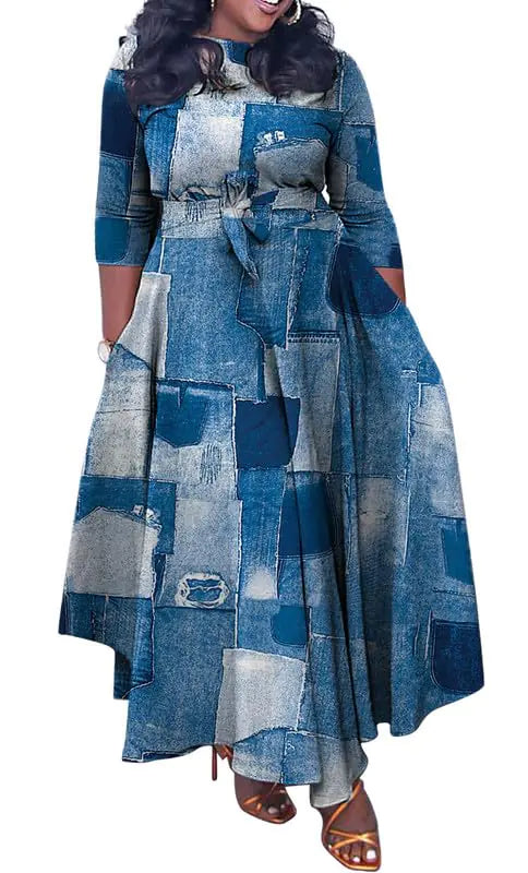 LROSEY Women Plus Size Long Sleeve Wrap Denim Jean Flowy Dress (Blue Denim 2XL)