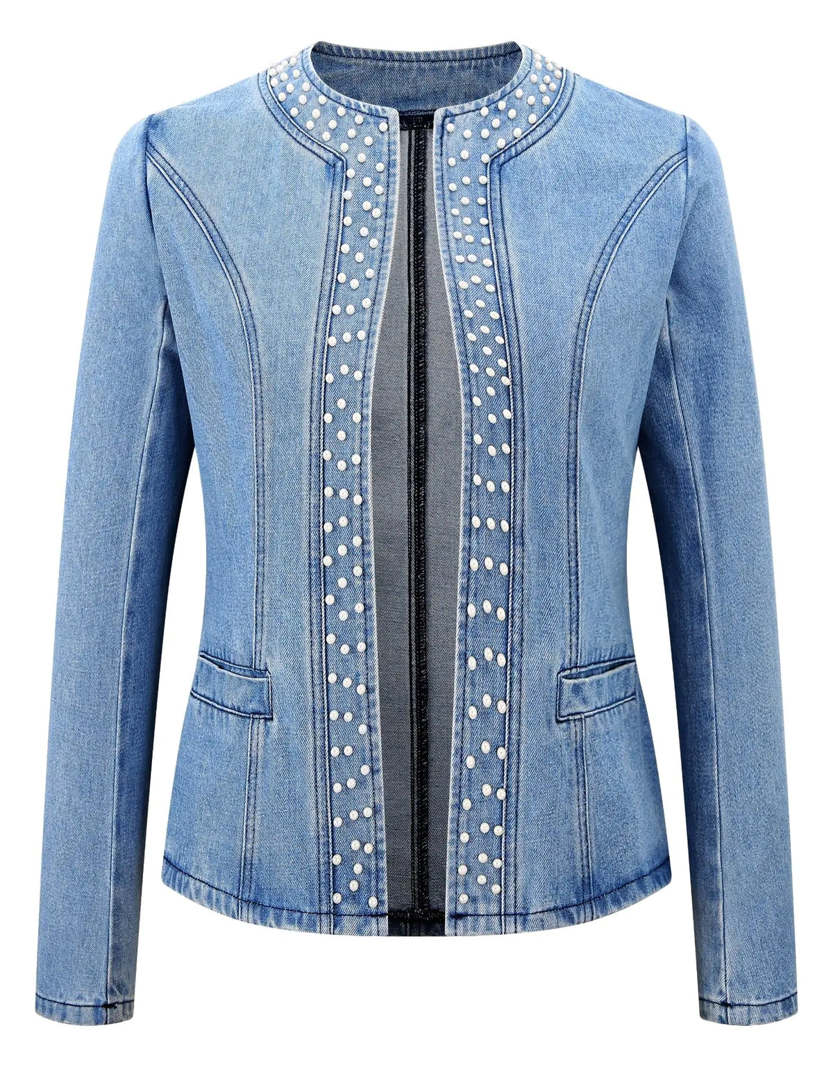 Kedera Womens Pearl Denim Jacket Long Sleeve Collarless Rivet Short Denim Coat with Pockets
