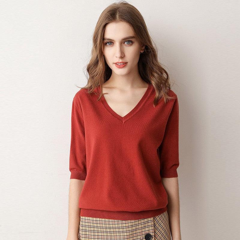 V-Neck Short Sleeve Knit Top for Women (Spring/Summer)
