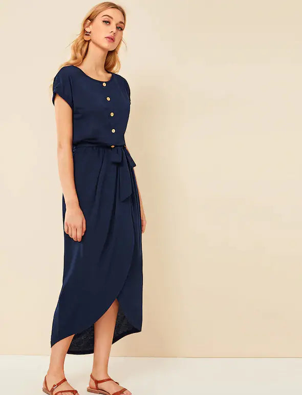 Women's Blue Multi-Button Split Maxi Dress