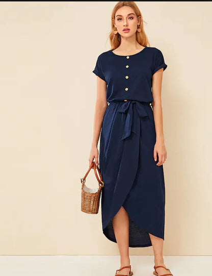 Women's Blue Multi-Button Split Maxi Dress