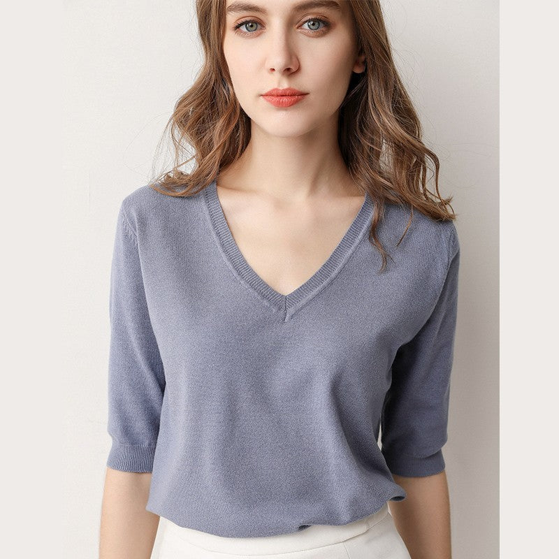 V-Neck Short Sleeve Knit Top for Women (Spring/Summer)