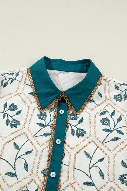 Blue Geometric Floral Print Lace Trim Collared Short Sleeve Mini Dress