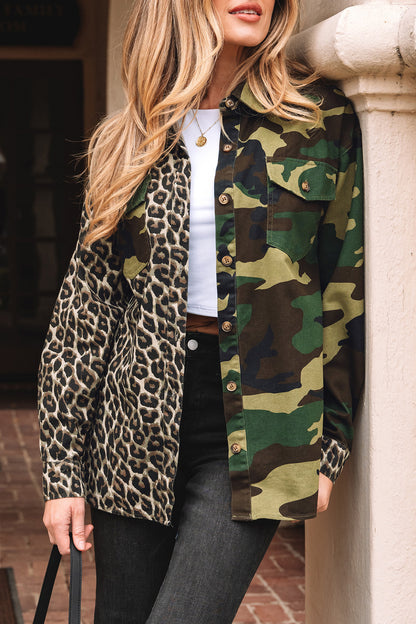 Brown Leopard Camo Patchwork Oversize Shacket