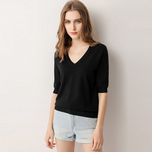 V-Neck Short Sleeve Knit Top for Women (Spring/Summer)