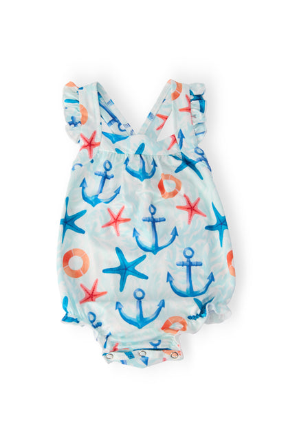 Anchors Away Ruffle Cross Back Romper
