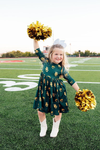 Baylor Green Bear 3/4 Sleeve Pocket Twirl Dress
