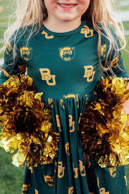 Baylor Green Bear 3/4 Sleeve Pocket Twirl Dress