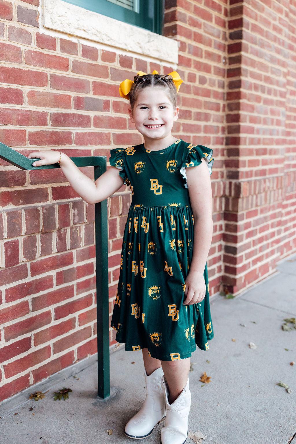 Baylor Green Bear Flutter Twirl Dress