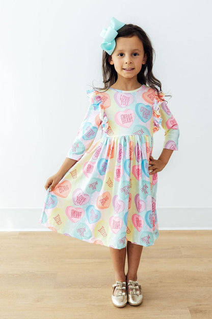 Conversation Hearts 3/4 Sleeve Ruffle Twirl Dress