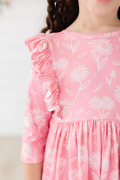 Dahlia Doodles 3/4 Sleeve Ruffle Twirl Dress