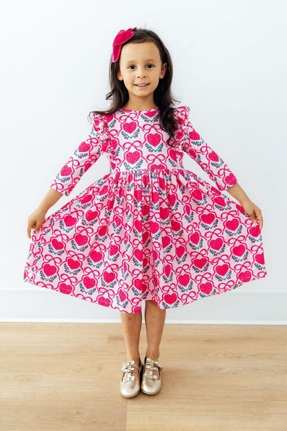 Fluttering Hearts 3/4 Sleeve Ruffle Twirl Dress