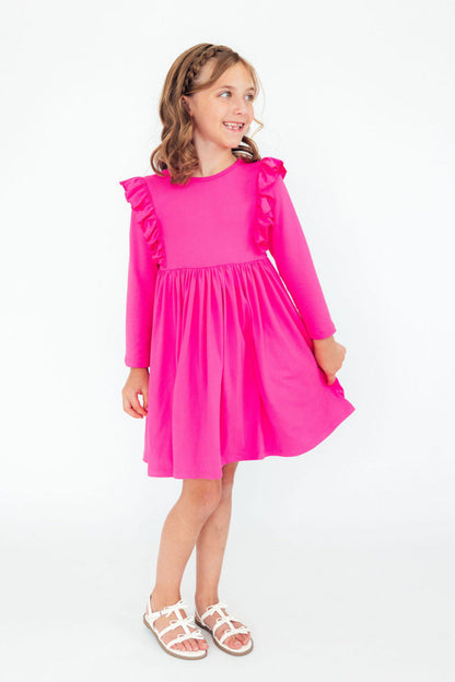 Hot Pink L/S Ruffle Twirl Dress