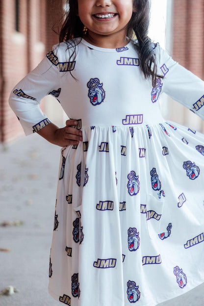 JMU White Duke Dog 3/4 Sleeve Pocket Twirl Dress