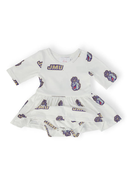 JMU White Duke Dog 3/4 Sleeve Twirl Bodysuit