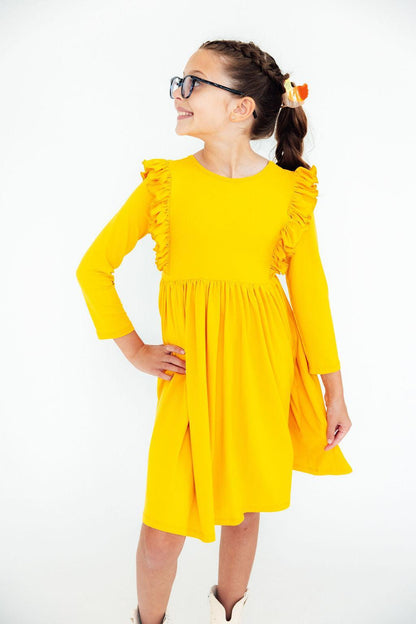 Mustard L/S Ruffle Twirl Dress