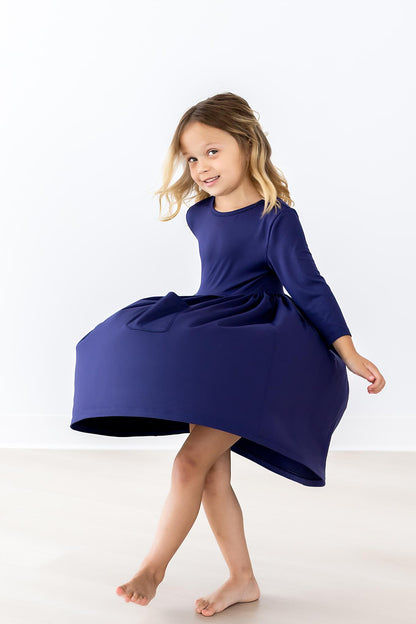 Navy 3/4 Sleeve Pocket Twirl Dress