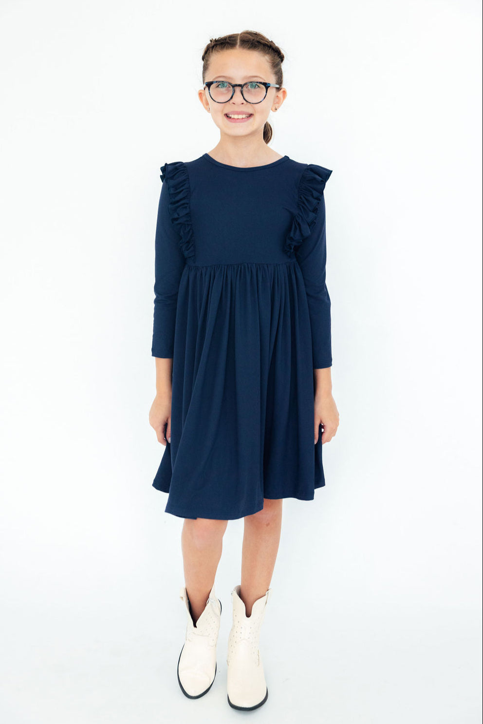 Navy L/S Ruffle Twirl Dress