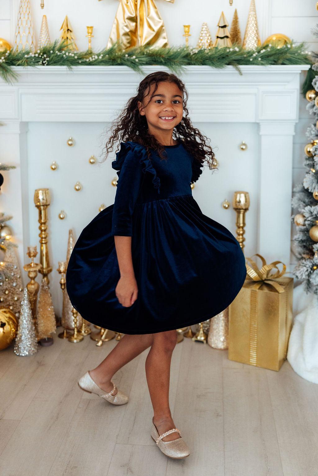 Navy Velvet Ruffle Twirl Dress