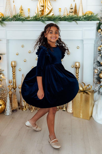 Navy Velvet Ruffle Twirl Dress