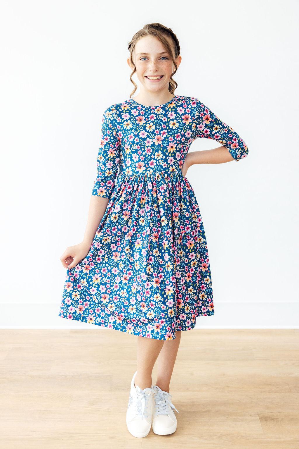 Rainforest Blooms 3/4 Sleeve Pocket Twirl Dress