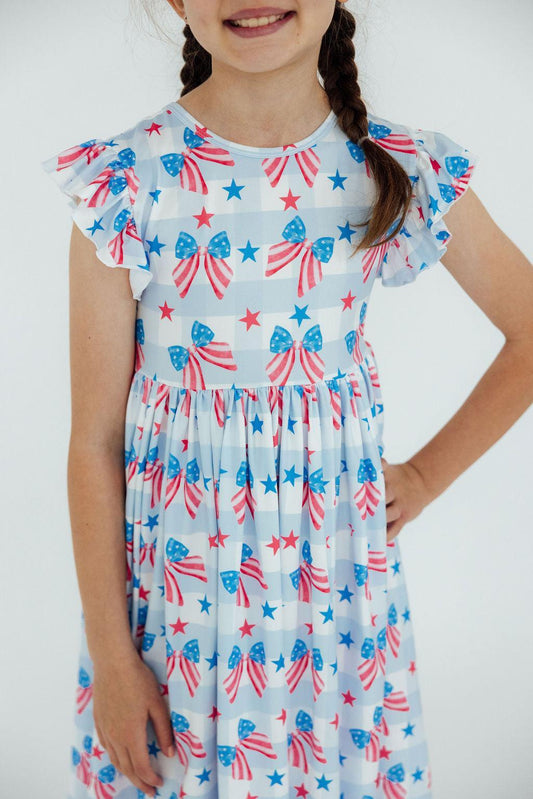 Red, White & Bows Flutter Sleeve Twirl Dress