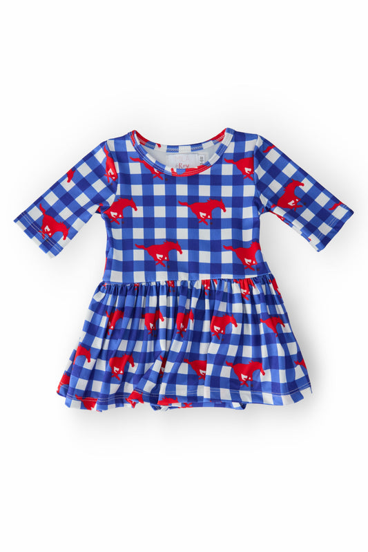 SMU Plaid Mustang 3/4 Sleeve Twirl Bodysuit