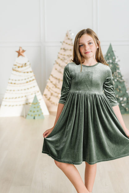 Sage Velvet Twirl Dress