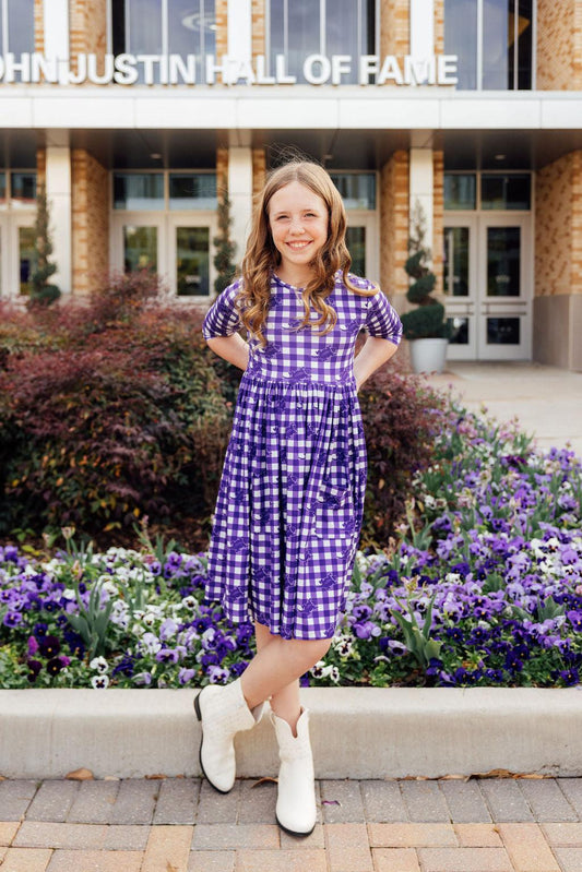 TCU Plaid Frog 3/4 Sleeve Pocket Twirl Dress
