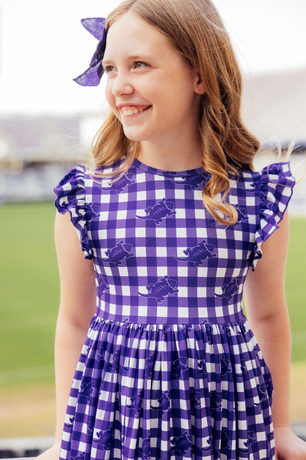 TCU Plaid Frog Flutter Twirl Dress