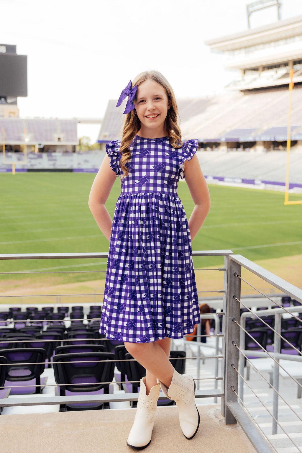 TCU Plaid Frog Flutter Twirl Dress