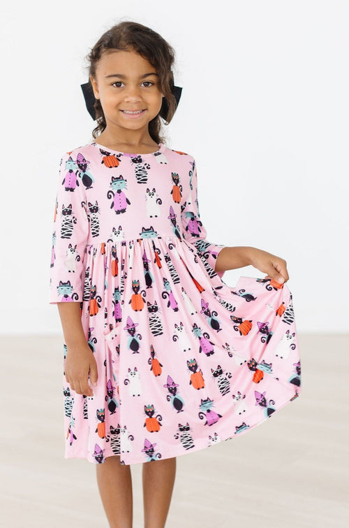 Purr-fectly Spooky 3/4 Sleeve Pocket Twirl Dress