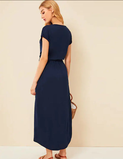 Women's Blue Multi-Button Split Maxi Dress