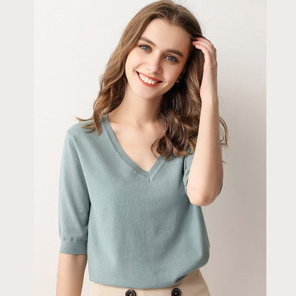V-Neck Short Sleeve Knit Top for Women (Spring/Summer)
