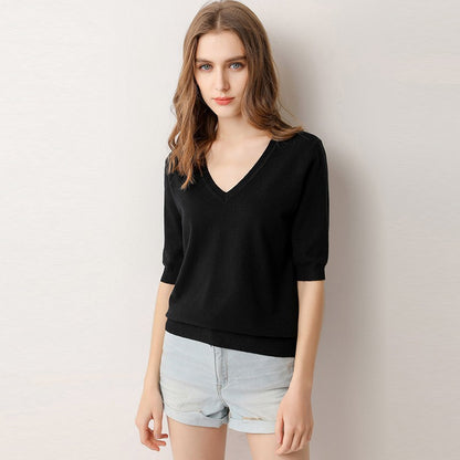 V-Neck Short Sleeve Knit Top for Women (Spring/Summer)