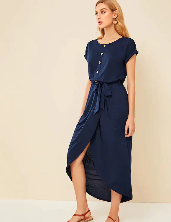 Women's Blue Multi-Button Split Maxi Dress