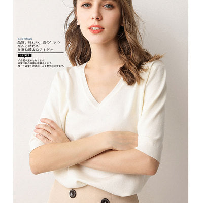 V-Neck Short Sleeve Knit Top for Women (Spring/Summer)