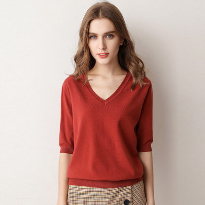 V-Neck Short Sleeve Knit Top for Women (Spring/Summer)
