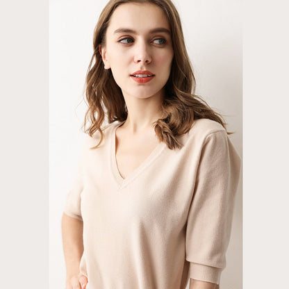 V-Neck Short Sleeve Knit Top for Women (Spring/Summer)
