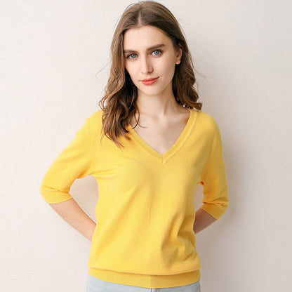 V-Neck Short Sleeve Knit Top for Women (Spring/Summer)