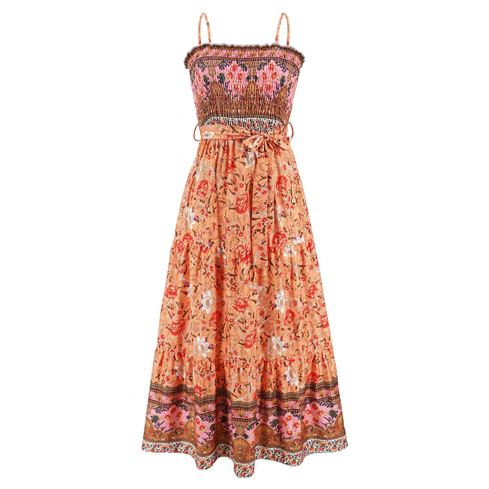 Summer Vintage Floral Backless Maxi Dress