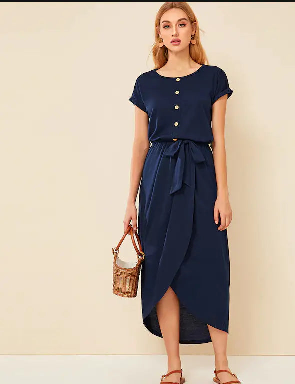 Women's Blue Multi-Button Split Maxi Dress